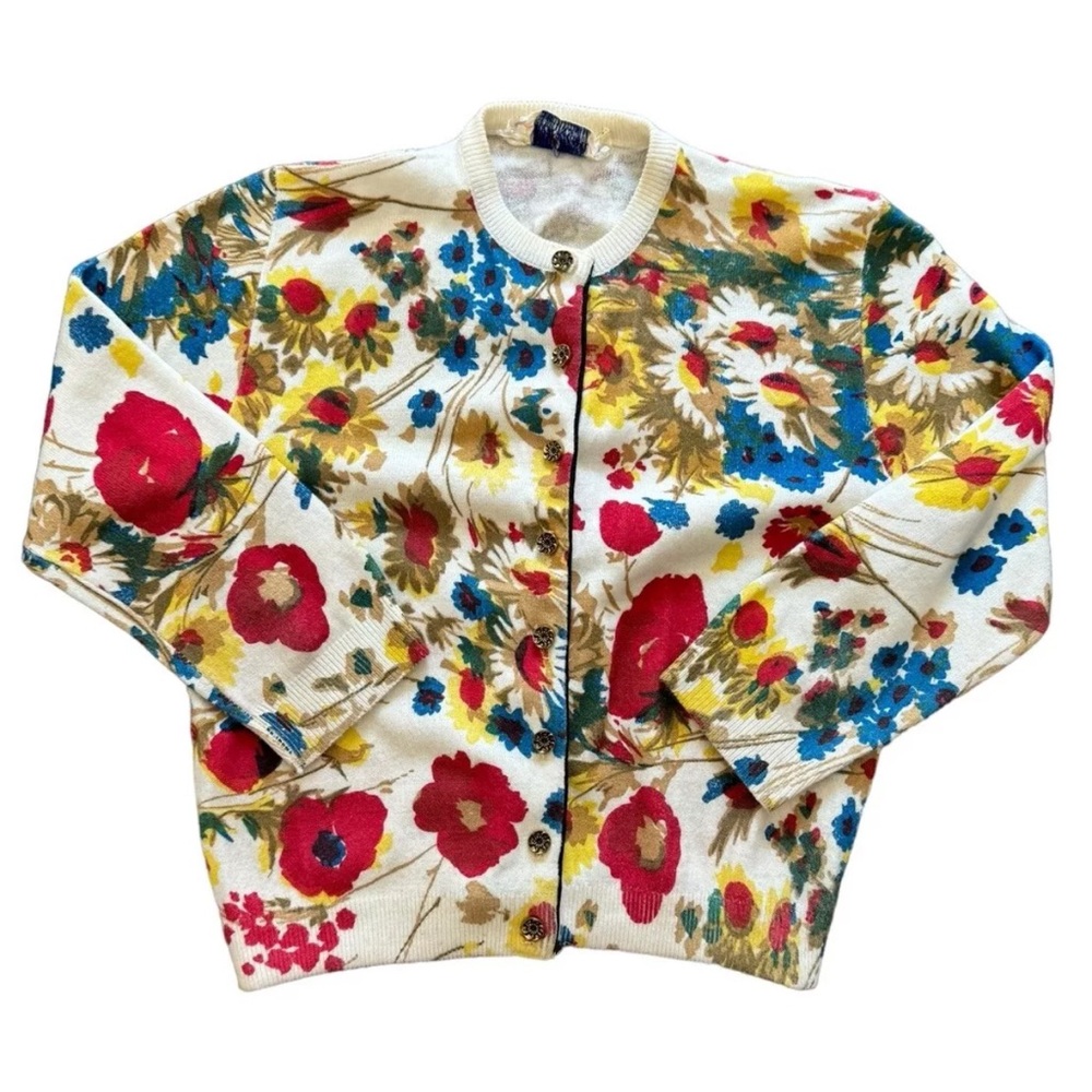 Vintage 1950’s St Laurent Button Up Sweater Women’s Small Floral Print Rare